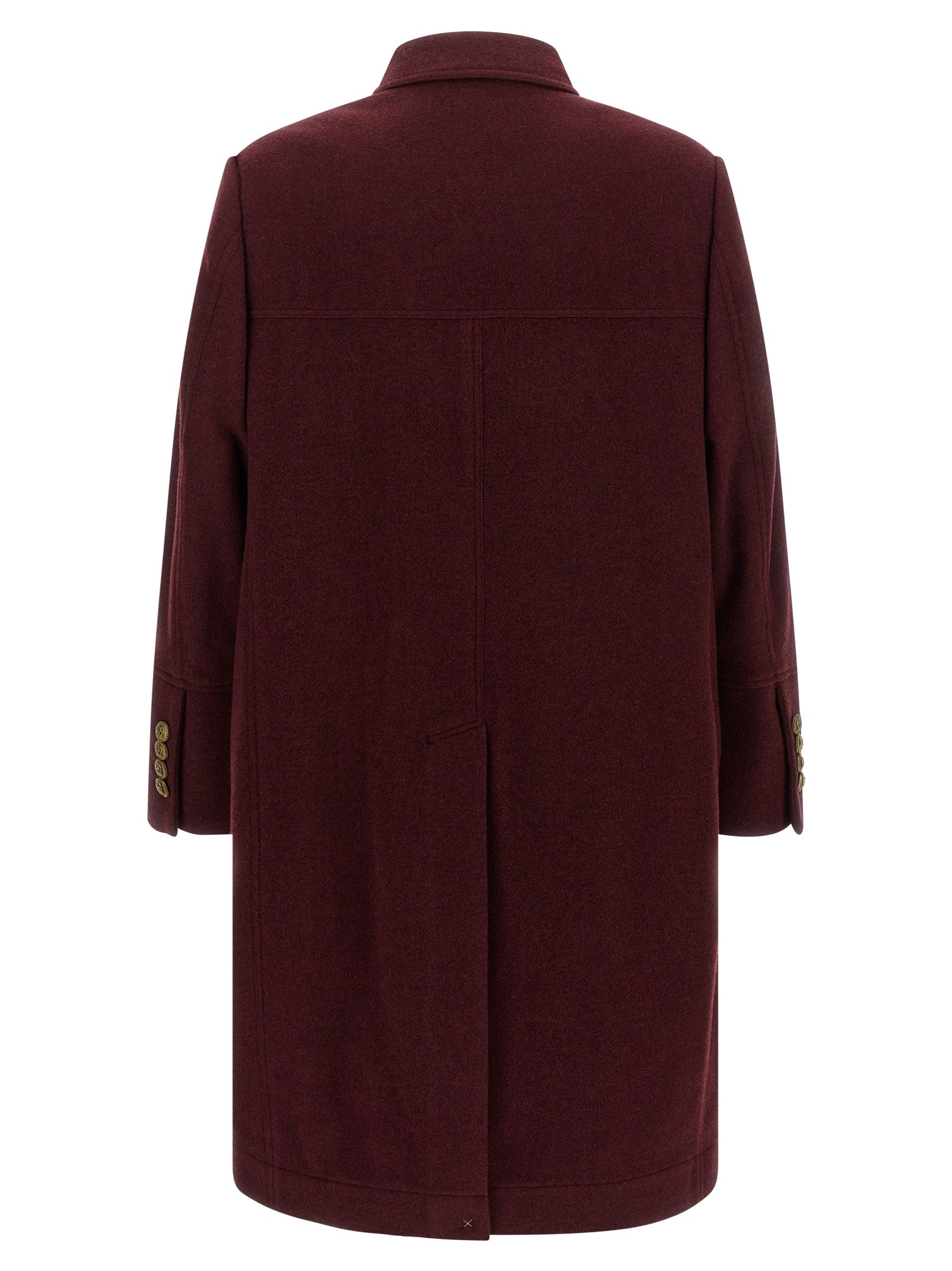 Overcoat by Brunello Cucinelli for men in cashmere bordeaux, burgundy & gold showcases a architectural silhouette, artfully detailed with a distinctive split shirt-collar neckline and functional pockets for a architectural finish.