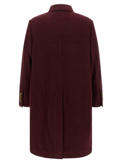 Overcoat by Brunello Cucinelli for men in cashmere bordeaux, burgundy & gold showcases a architectural silhouette, artfully detailed with a distinctive split shirt-collar neckline and functional pockets for a architectural finish.