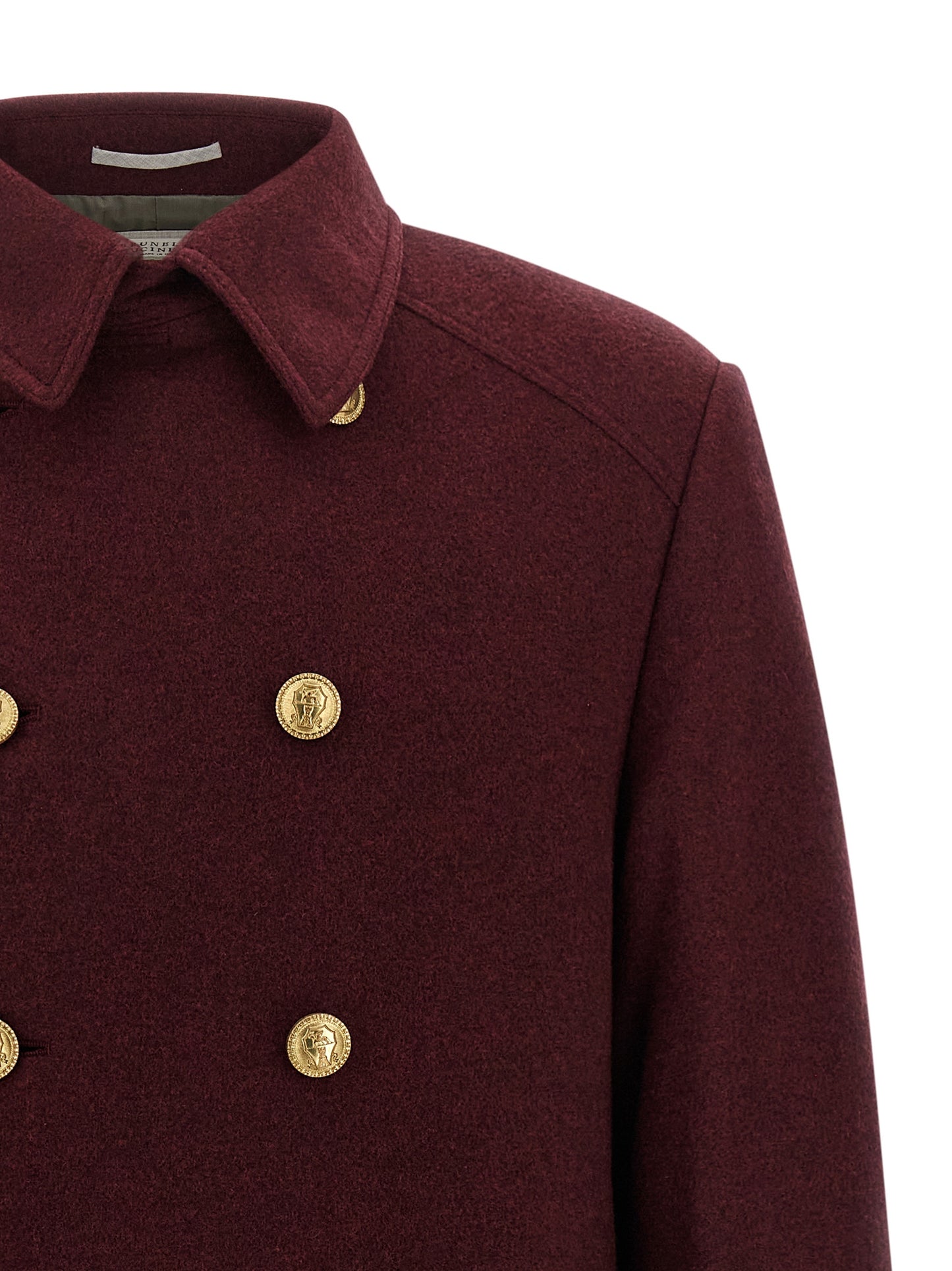 Overcoat by Brunello Cucinelli for men in cashmere bordeaux, burgundy & gold features a cosy chic silhouette, artfully detailed with a sophisticated split shirt-collar neckline and premium pockets for a cosy chic finish.