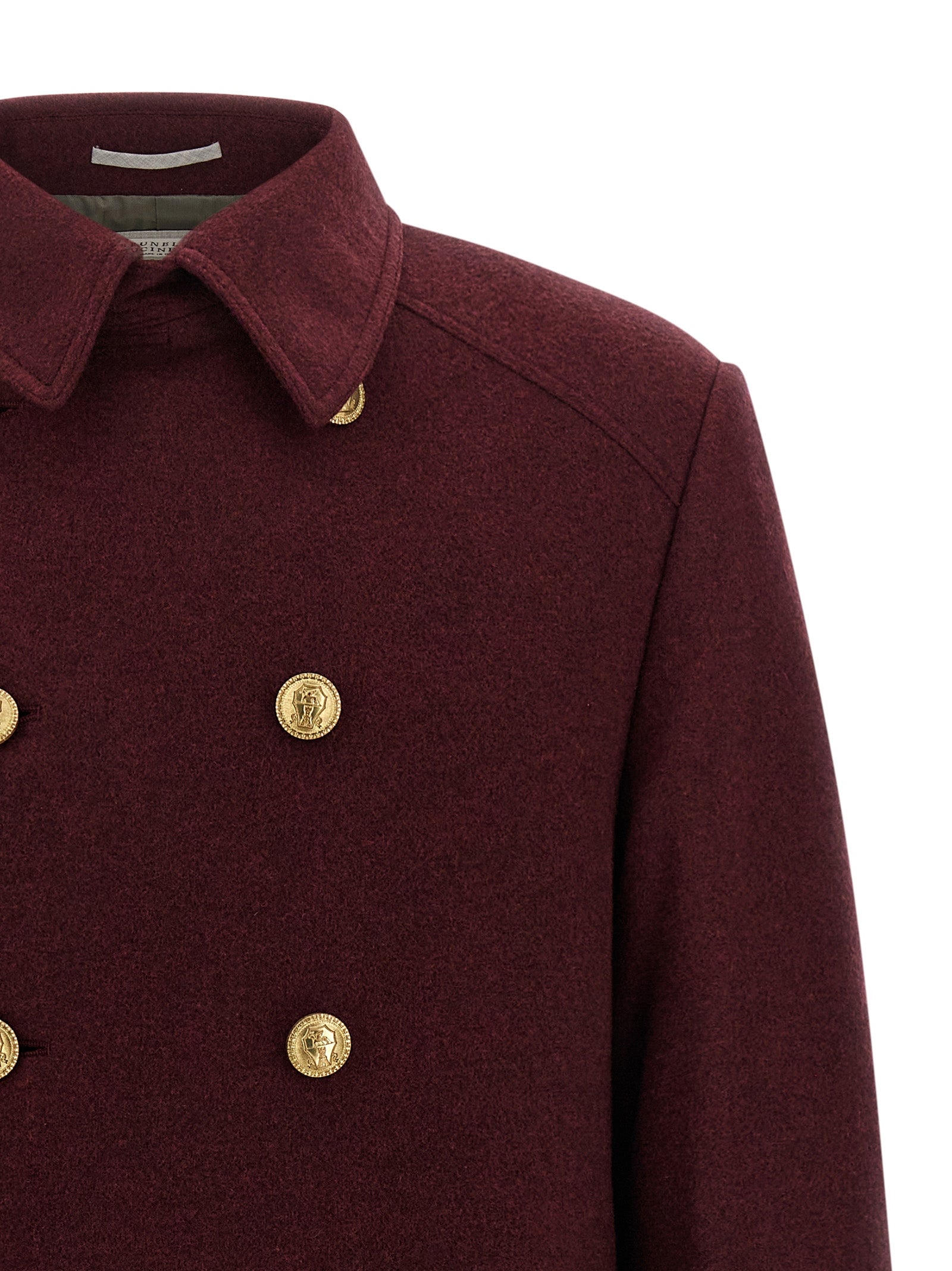 Overcoat by Brunello Cucinelli for men in cashmere bordeaux, burgundy & gold features a cosy chic silhouette, artfully detailed with a sophisticated split shirt-collar neckline and premium pockets for a cosy chic finish.
