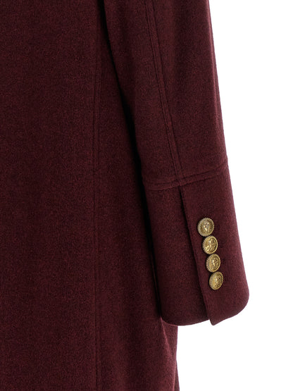 Overcoat by Brunello Cucinelli for men in cashmere bordeaux, burgundy & gold features an satoral silhouette, showcasing a sophisticated split shirt-collar neckline and satoral pockets for a premium, timeless look.