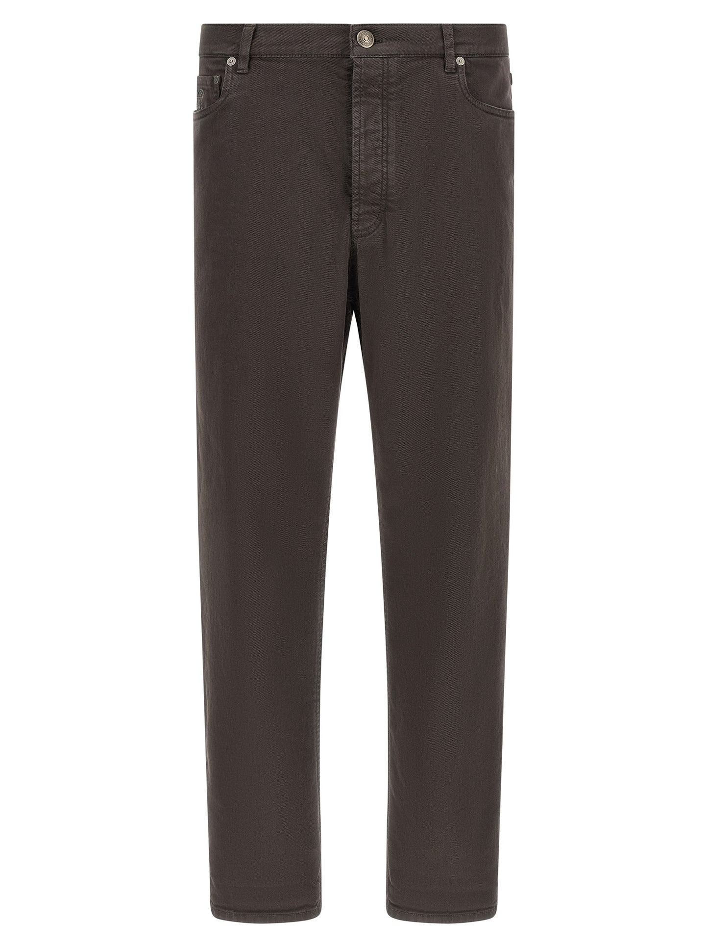 Jeans by Brunello Cucinelli for men in denim cotton brown & charcoal features a refined silhouette with a refined straight-leg, defined by a and a refined long for a refined finish.