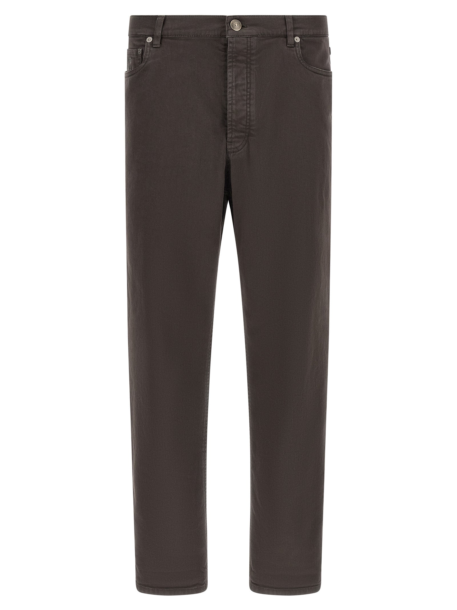 Jeans by Brunello Cucinelli for men in denim cotton brown & charcoal features a refined silhouette with a refined straight-leg, defined by a and a refined long for a refined finish.