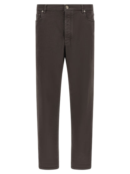 Jeans by Brunello Cucinelli for men in denim cotton brown & charcoal features a refined silhouette with a refined straight-leg, defined by a and a refined long for a refined finish.