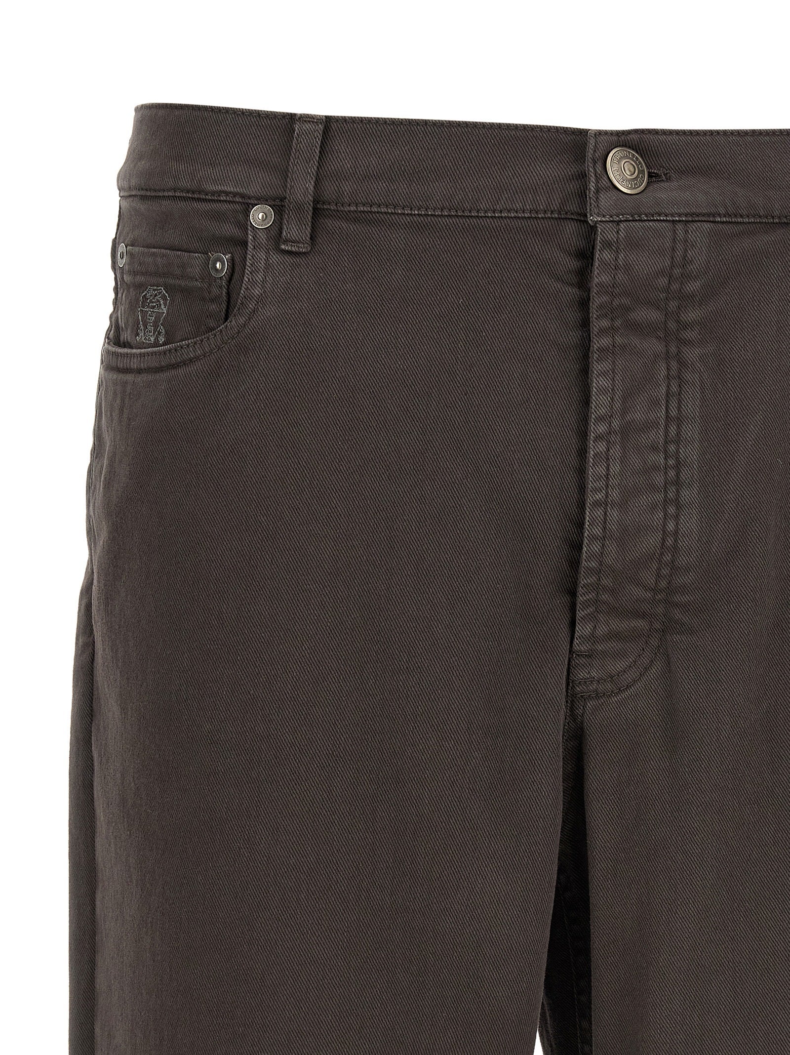 Jeans by Brunello Cucinelli for men in denim cotton brown & charcoal presents a tailored silhouette, showcasing a tailored straight-leg and long cut with a refined for a truly tailored aesthetic.