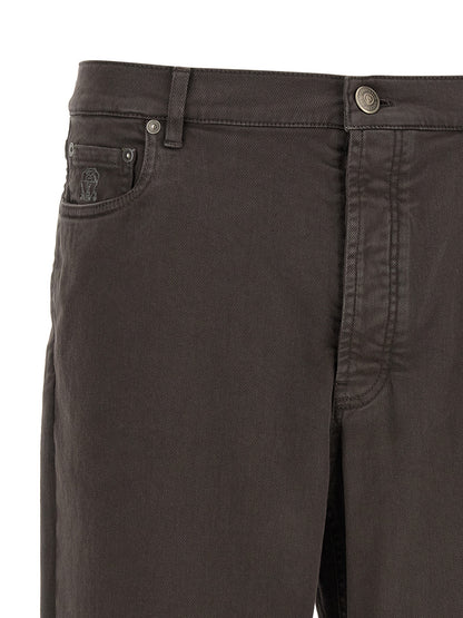 Jeans by Brunello Cucinelli for men in denim cotton brown & charcoal presents a tailored silhouette, showcasing a tailored straight-leg and long cut with a refined for a truly tailored aesthetic.