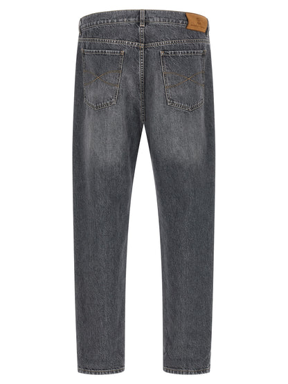 Jeans by Brunello Cucinelli for men in denim cotton gray presents a tailored silhouette, showcasing a tailored straight-leg and long cut with a refined high rise for a truly tailored aesthetic.