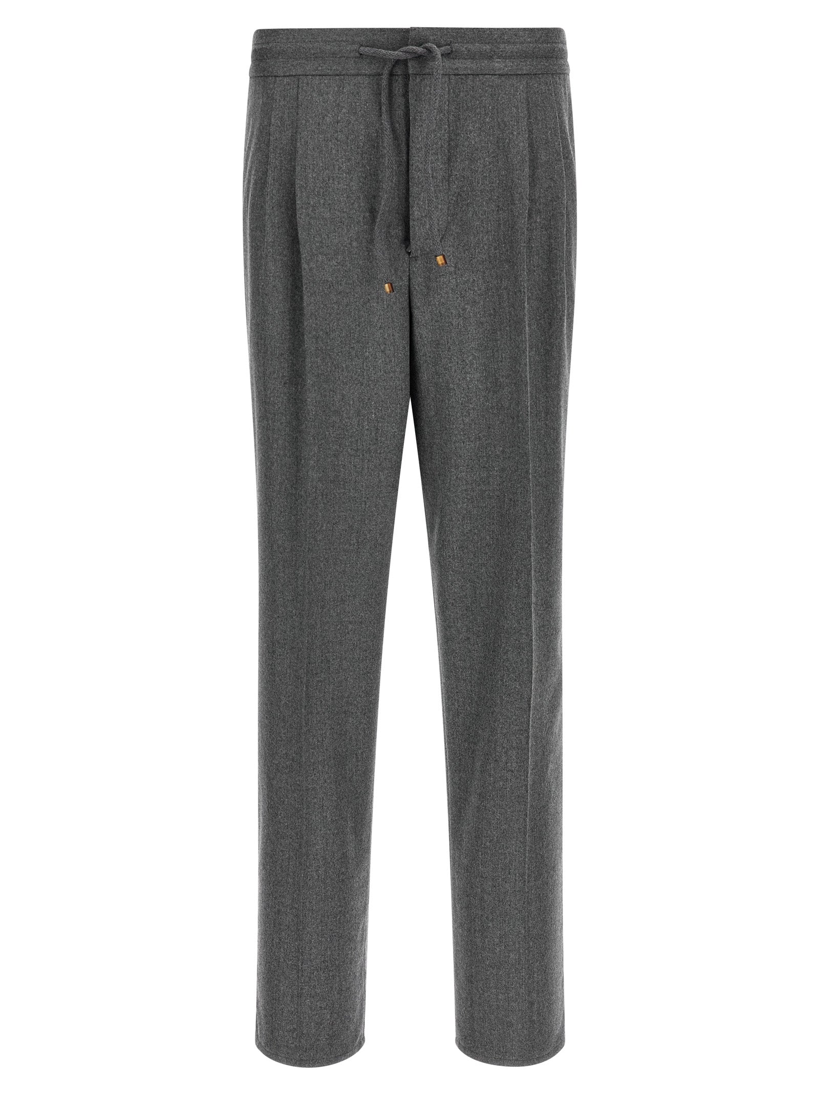 Trousers by Brunello Cucinelli for men in virgin wool & flannel gray features an on trend silhouette, showcasing a sophisticated relaxed-fit with a long and for an on trend finish.