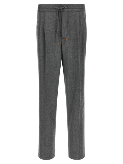 Trousers by Brunello Cucinelli for men in virgin wool & flannel gray features an on trend silhouette, showcasing a sophisticated relaxed-fit with a long and for an on trend finish.