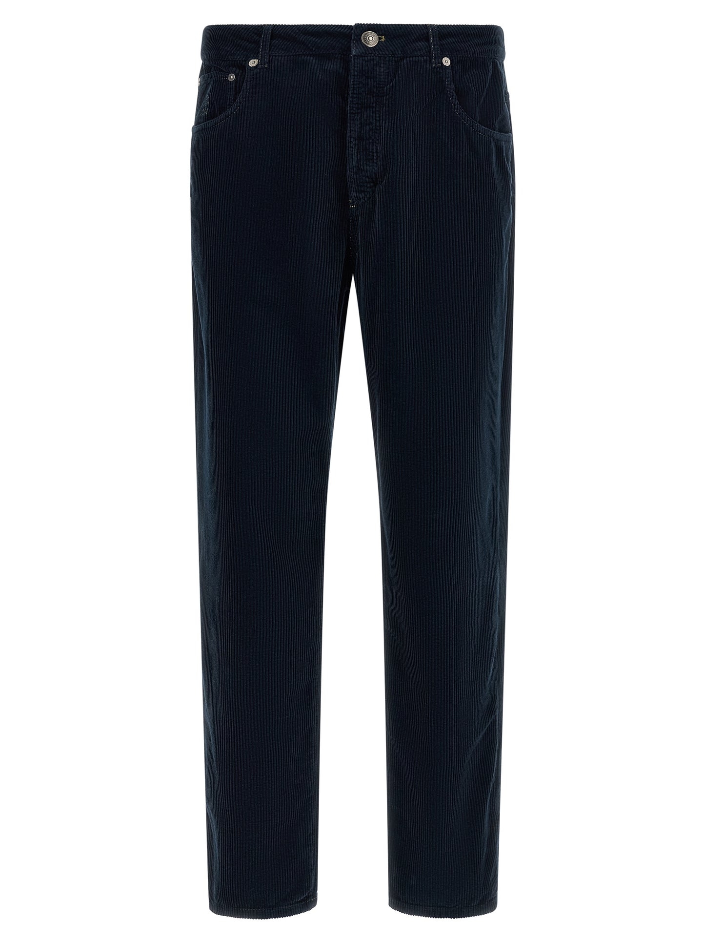 Trousers by Brunello Cucinelli for men in cotton velvet corduroy navy features a artisanal silhouette, showcasing a sophisticated straight-leg with a long and for a artisanal finish.