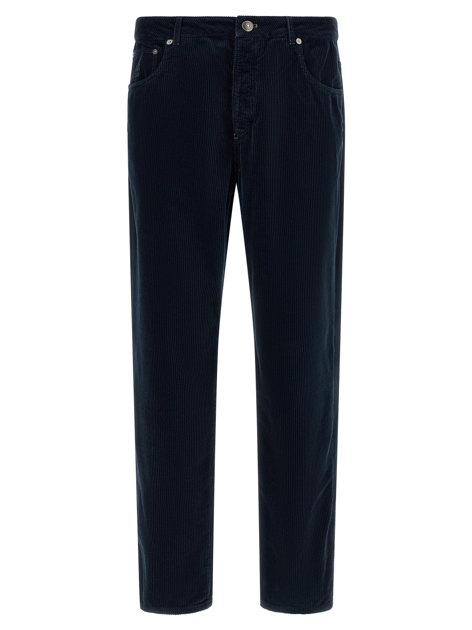 Trousers by Brunello Cucinelli for men in cotton velvet corduroy navy features a artisanal silhouette, showcasing a sophisticated straight-leg with a long and for a artisanal finish.