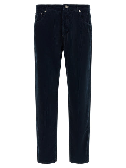 Trousers by Brunello Cucinelli for men in cotton velvet corduroy navy features a artisanal silhouette, showcasing a sophisticated straight-leg with a long and for a artisanal finish.