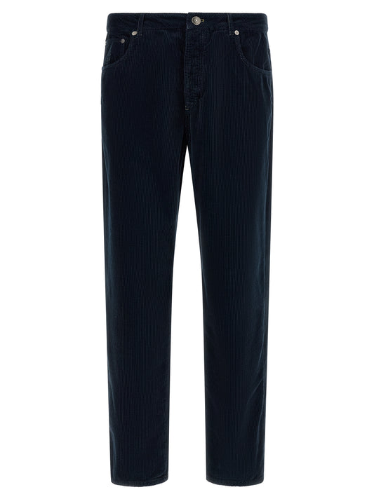 Trousers by Brunello Cucinelli for men in cotton velvet corduroy navy features a artisanal silhouette, showcasing a sophisticated straight-leg with a long and for a artisanal finish.