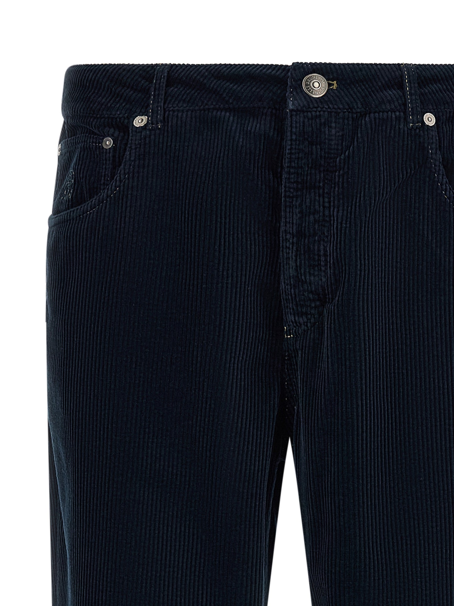 Trousers by Brunello Cucinelli for men in cotton velvet corduroy navy features a tailored silhouette with a tailored straight-leg, defined by its long and a sophisticated .