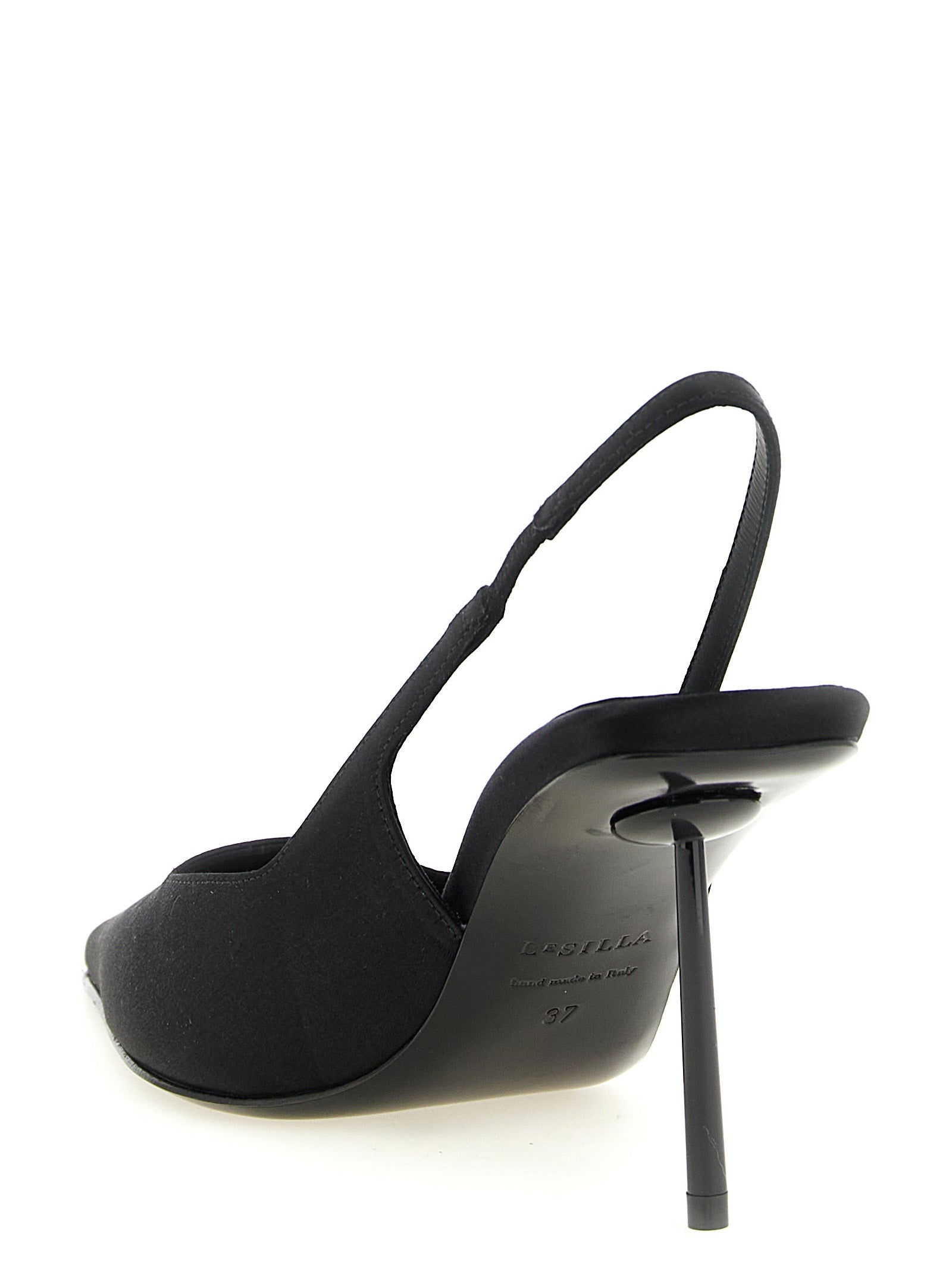 High-Heel Stiletto Slingback Pumps Heels by LE SILLA for women in viscose satin black features a effortless chic silhouette, showcasing the Women's Viscose Satin High-Heel Stiletto Slingback Pumps Heels design with a effortless chic stiletto high-heel and for a effortless chic finish.