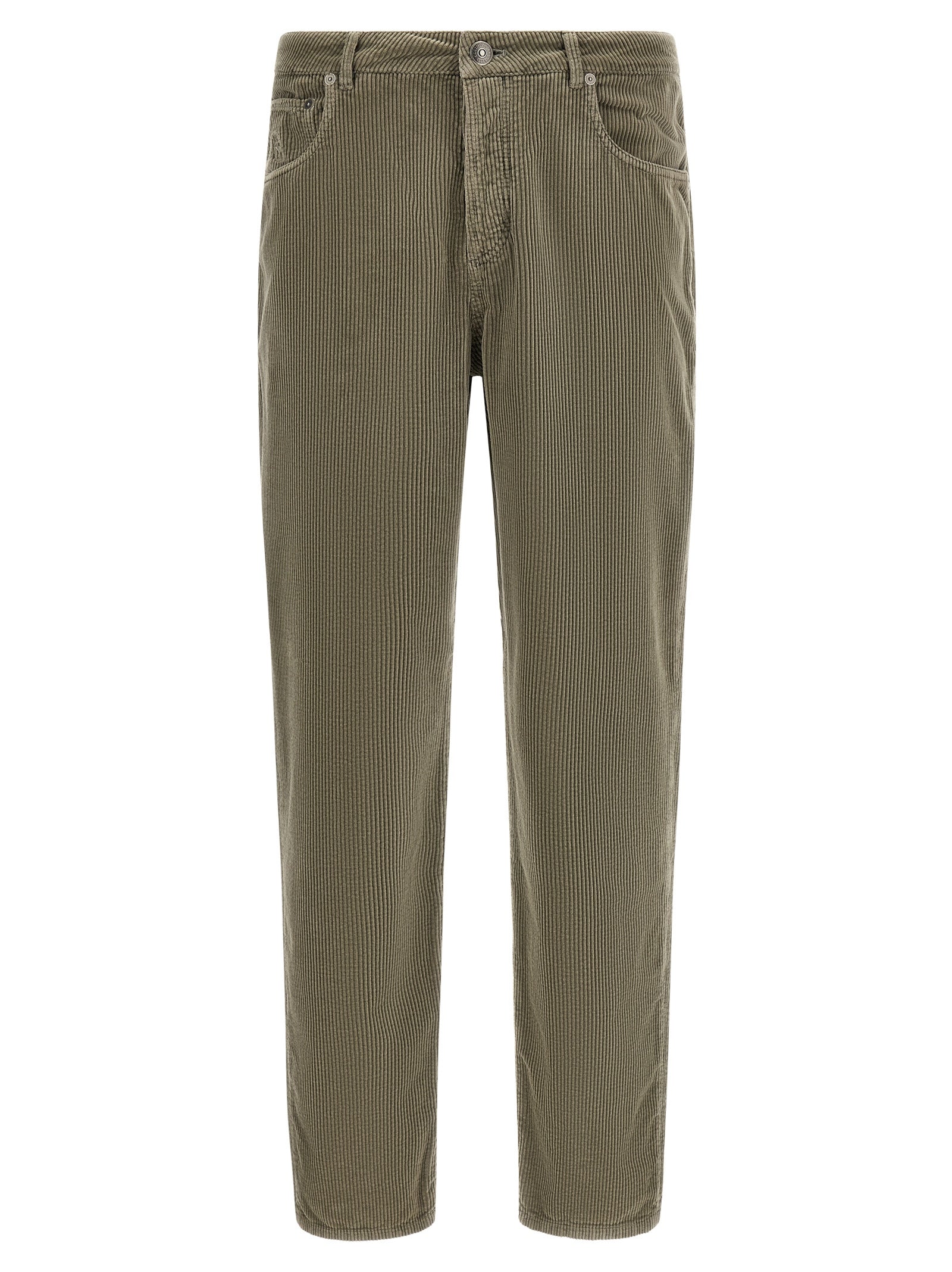 Trousers by Brunello Cucinelli for men in cotton corduroy bicolour, green & olive features an sartorial silhouette, showcasing a precise straight-leg & relaxed-fit and long with a sartorial for a refined look.