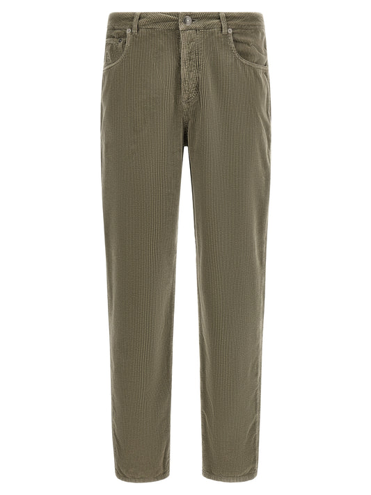 Trousers by Brunello Cucinelli for men in cotton corduroy bicolour, green & olive features an sartorial silhouette, showcasing a precise straight-leg & relaxed-fit and long with a sartorial for a refined look.