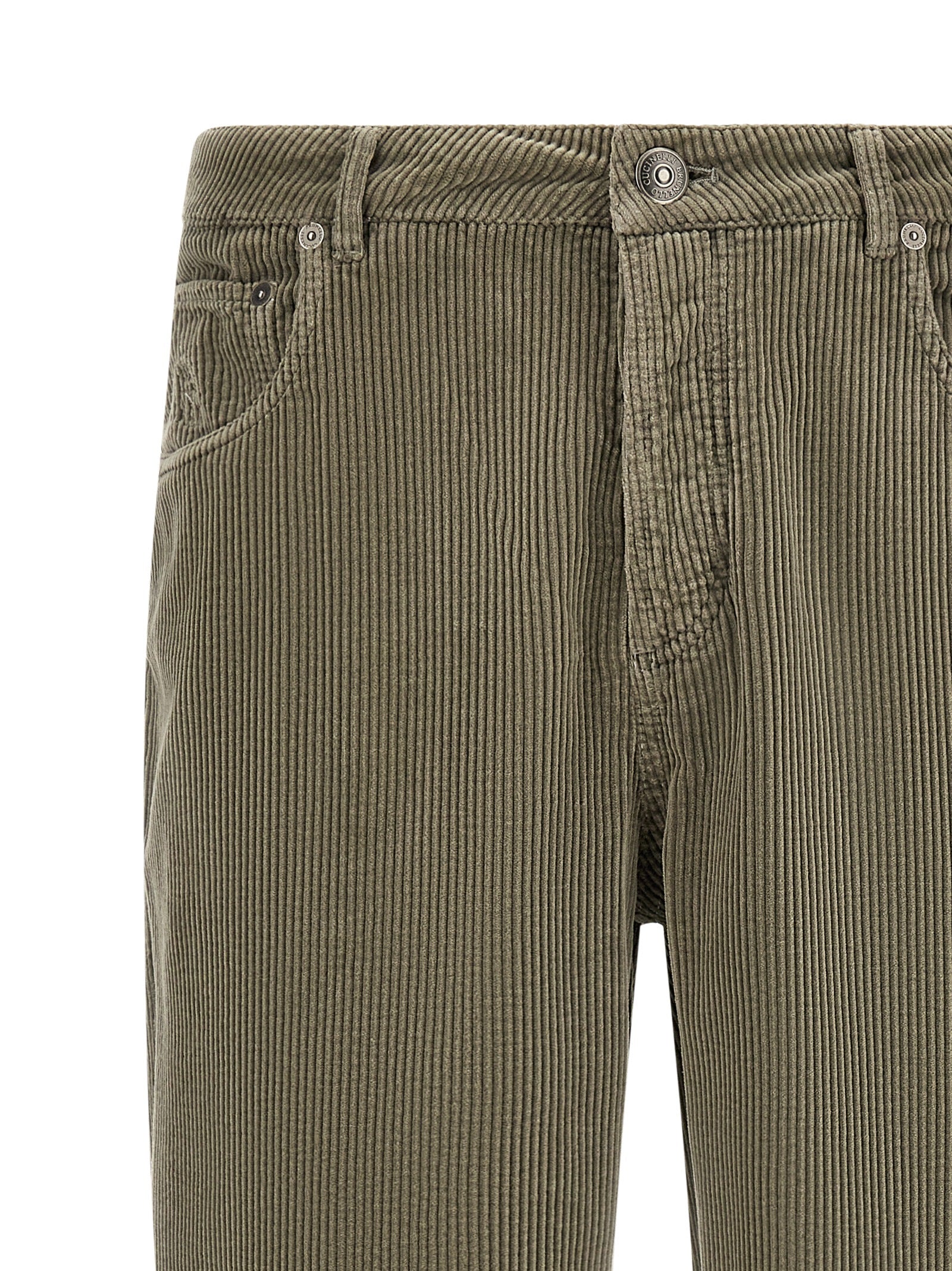 Trousers by Brunello Cucinelli for men in cotton corduroy bicolour, green & olive features a sculptural silhouette, showcasing a sculptural straight-leg & relaxed-fit and long with a sophisticated for a sculptural finish.