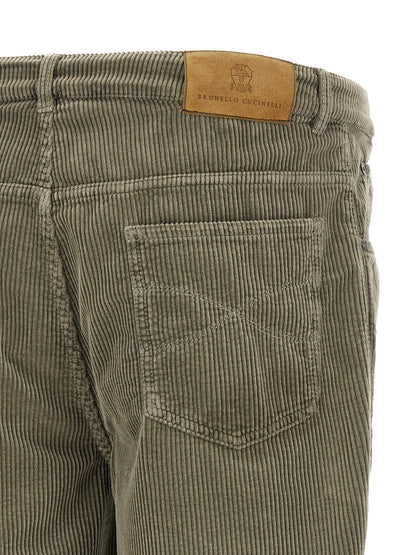 Trousers by Brunello Cucinelli for men in cotton corduroy bicolour, green & olive features a artisanal silhouette, showcasing a sophisticated straight-leg & relaxed-fit with a long and for a artisanal finish.
