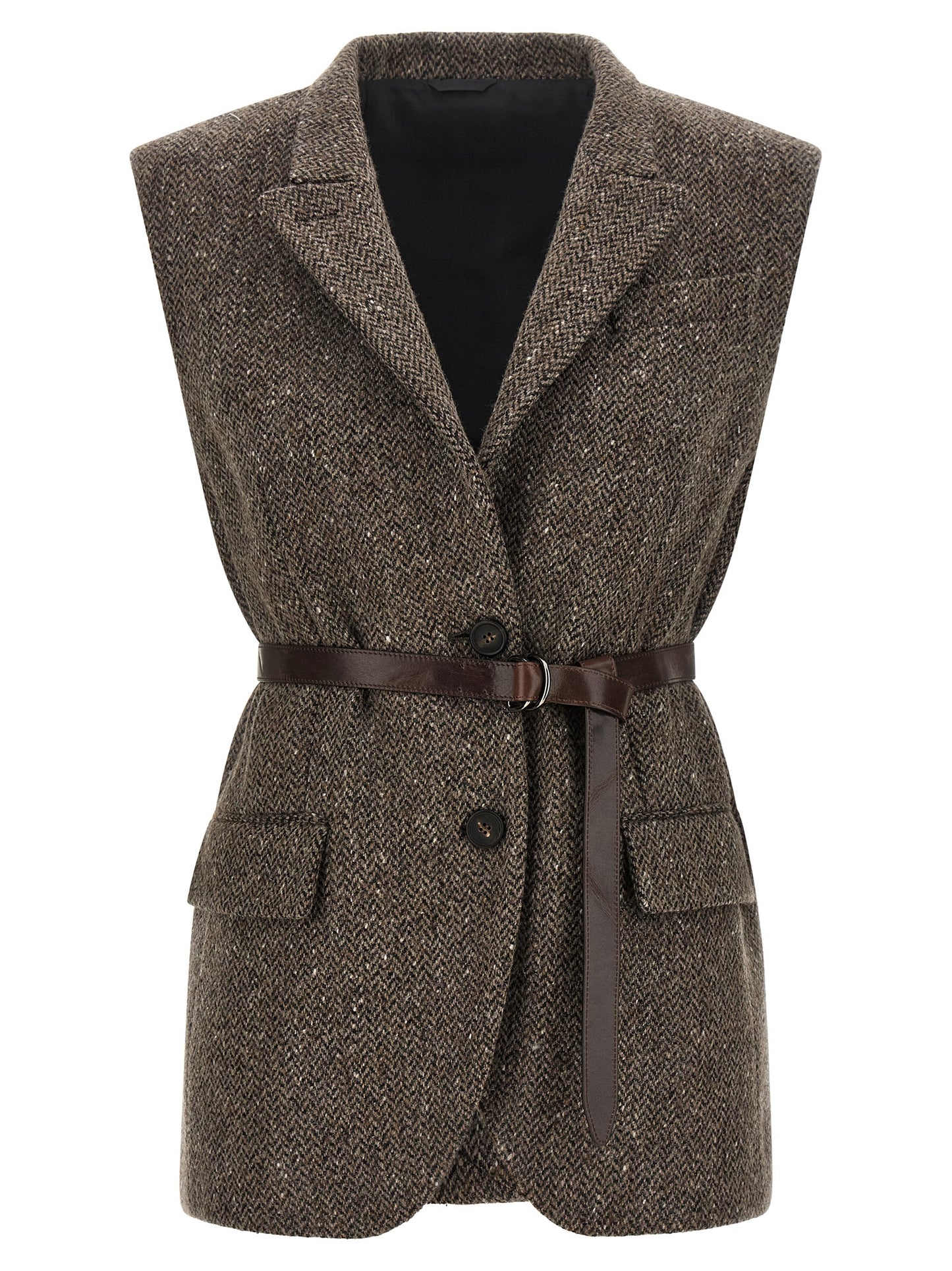 Vest by Brunello Cucinelli for women in virgin wool brown, patterned & herringbone features an on trend silhouette, showcasing a sophisticated split neckline and premium pockets for a truly on trend finish.