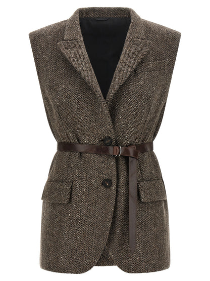 Vest by Brunello Cucinelli for women in virgin wool brown, patterned & herringbone features an on trend silhouette, showcasing a sophisticated split neckline and premium pockets for a truly on trend finish.