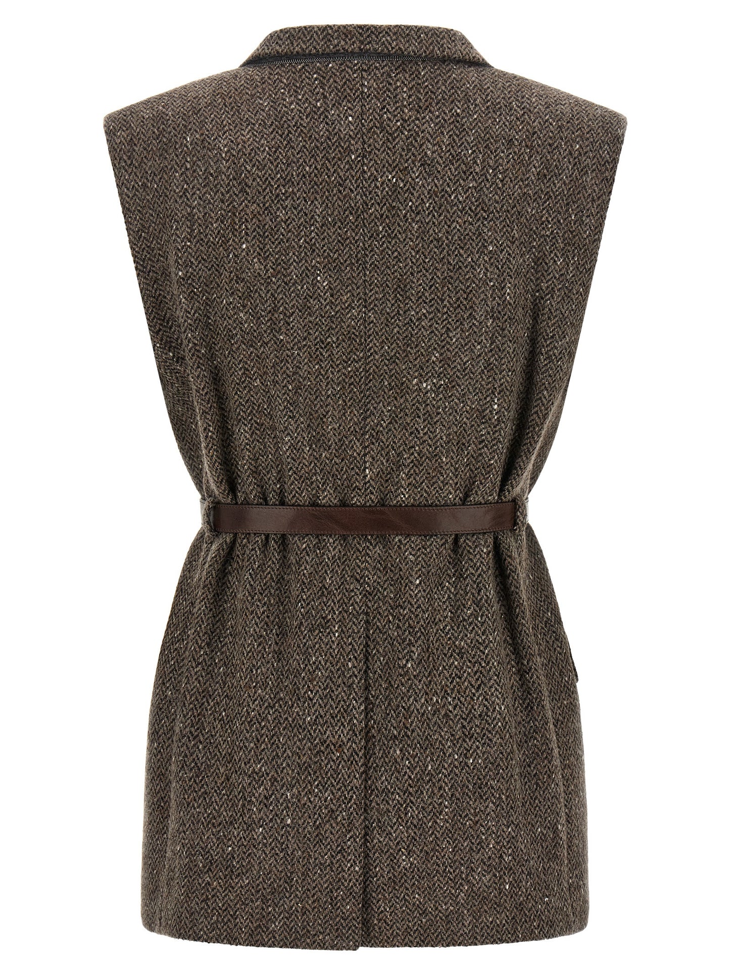 Vest by Brunello Cucinelli for women in virgin wool brown, patterned & herringbone features a stylish silhouette, showcasing distinct pockets and a refined split neckline for a truly stylish finish.