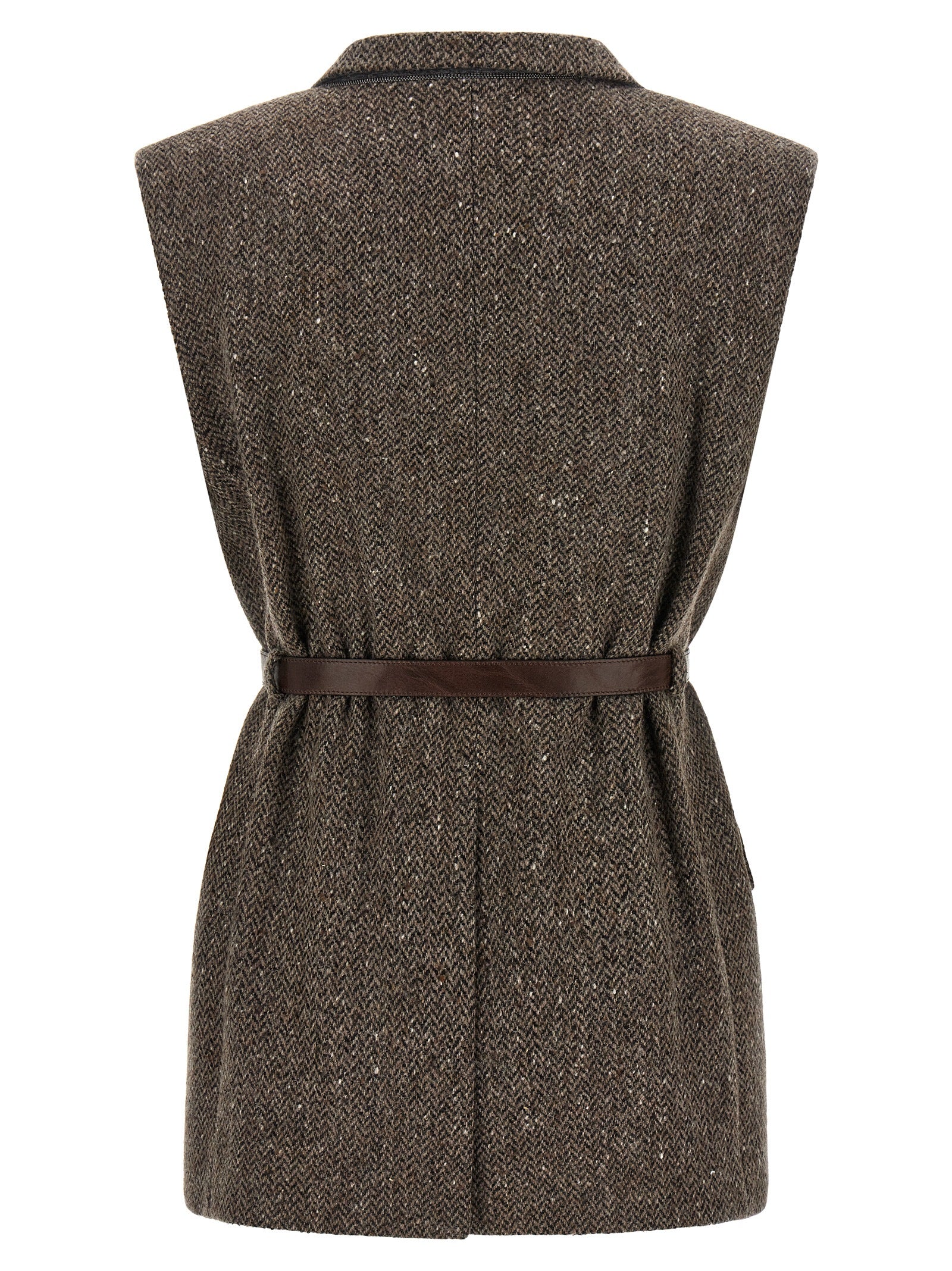 Vest by Brunello Cucinelli for women in virgin wool brown, patterned & herringbone features a stylish silhouette, showcasing distinct pockets and a refined split neckline for a truly stylish finish.