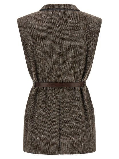 Vest by Brunello Cucinelli for women in virgin wool brown, patterned & herringbone features a stylish silhouette, showcasing distinct pockets and a refined split neckline for a truly stylish finish.