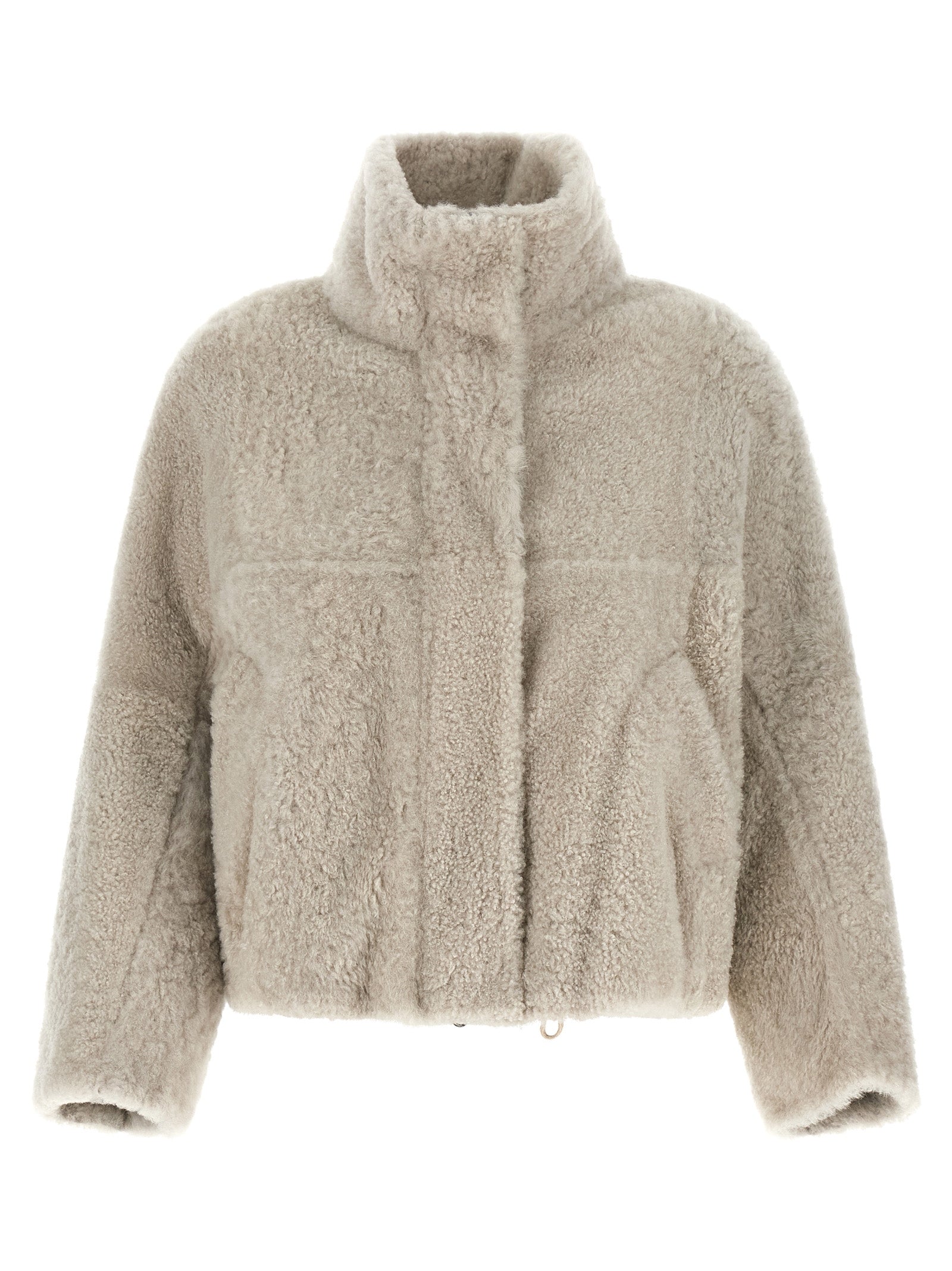 Overcoat by Brunello Cucinelli for women in lamb leather beige & natural presents a luxurious silhouette, showcasing a luxurious high-neck neckline and sophisticated pockets for a premium, luxurious look.