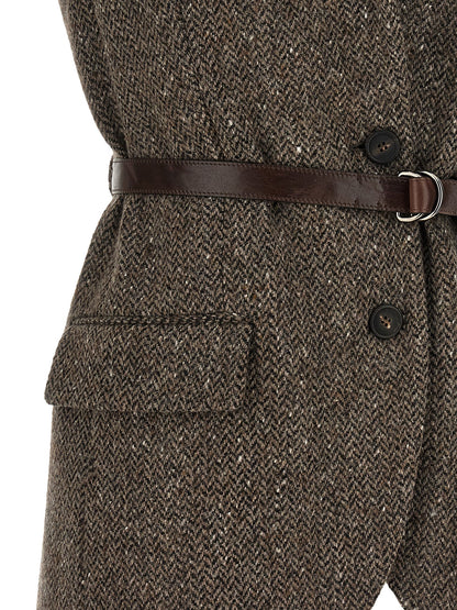 Vest by Brunello Cucinelli for women in virgin wool brown, patterned & herringbone showcases a utilitarian silhouette, artfully incorporating pockets and a utilitarian split neckline for a truly utilitarian finish.