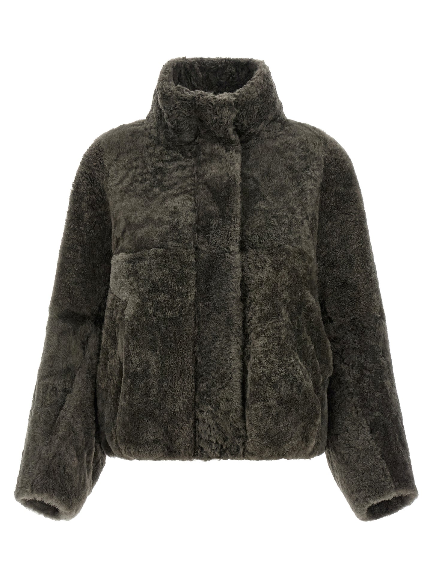 Overcoat by Brunello Cucinelli for women in lambskin leather & lamb shearling fur dark-gray & gray showcases a enveloping silhouette, detailed with distinctive and a enveloping high-neck neckline.