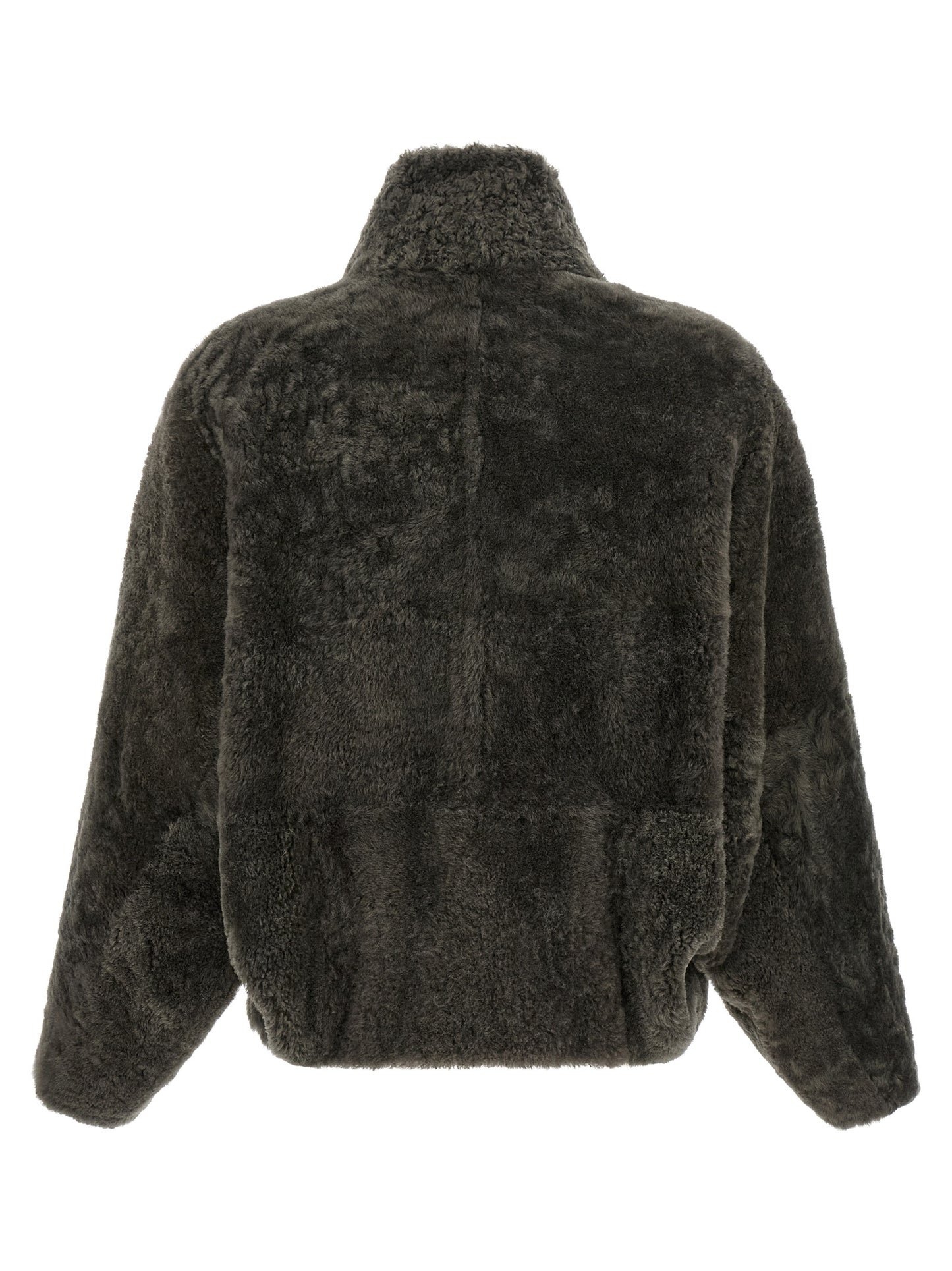 Overcoat by Brunello Cucinelli for women in lambskin leather & lamb shearling fur dark-gray & gray features a contemporary silhouette showcasing a contemporary high-neck neckline and refined for a sophisticated finish.
