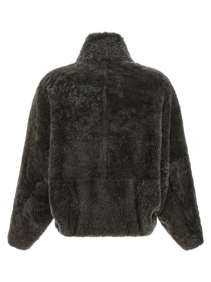 Overcoat by Brunello Cucinelli for women in lambskin leather & lamb shearling fur dark-gray & gray features a contemporary silhouette showcasing a contemporary high-neck neckline and refined for a sophisticated finish.