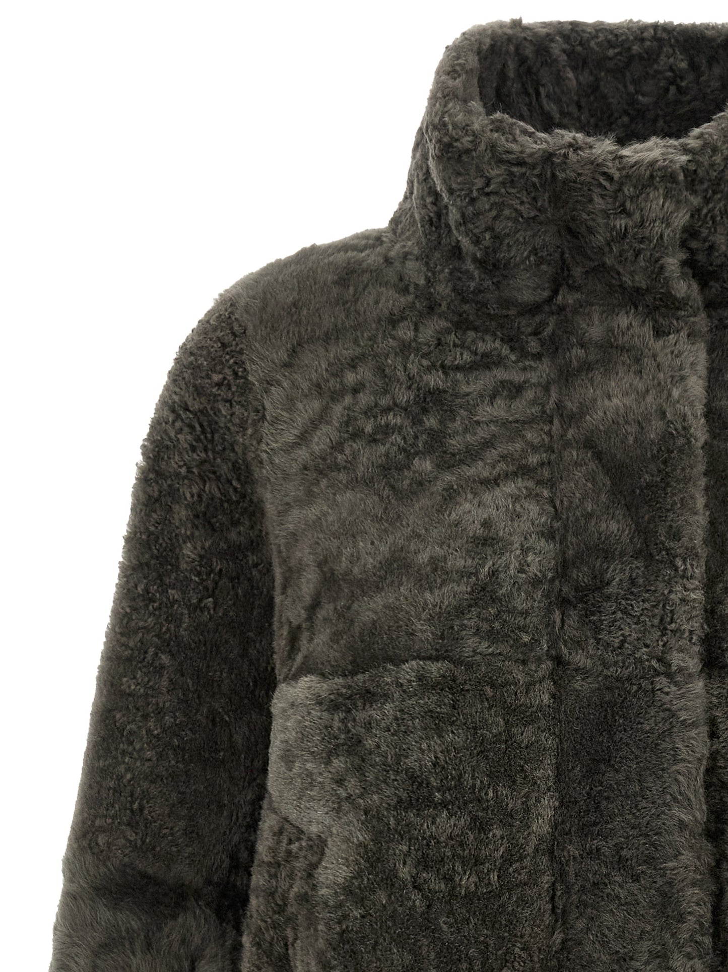 Overcoat by Brunello Cucinelli for women in lambskin leather & lamb shearling fur dark-gray & gray features an voluminous silhouette, showcasing distinct and a voluminous high-neck neckline for a truly voluminous aesthetic.