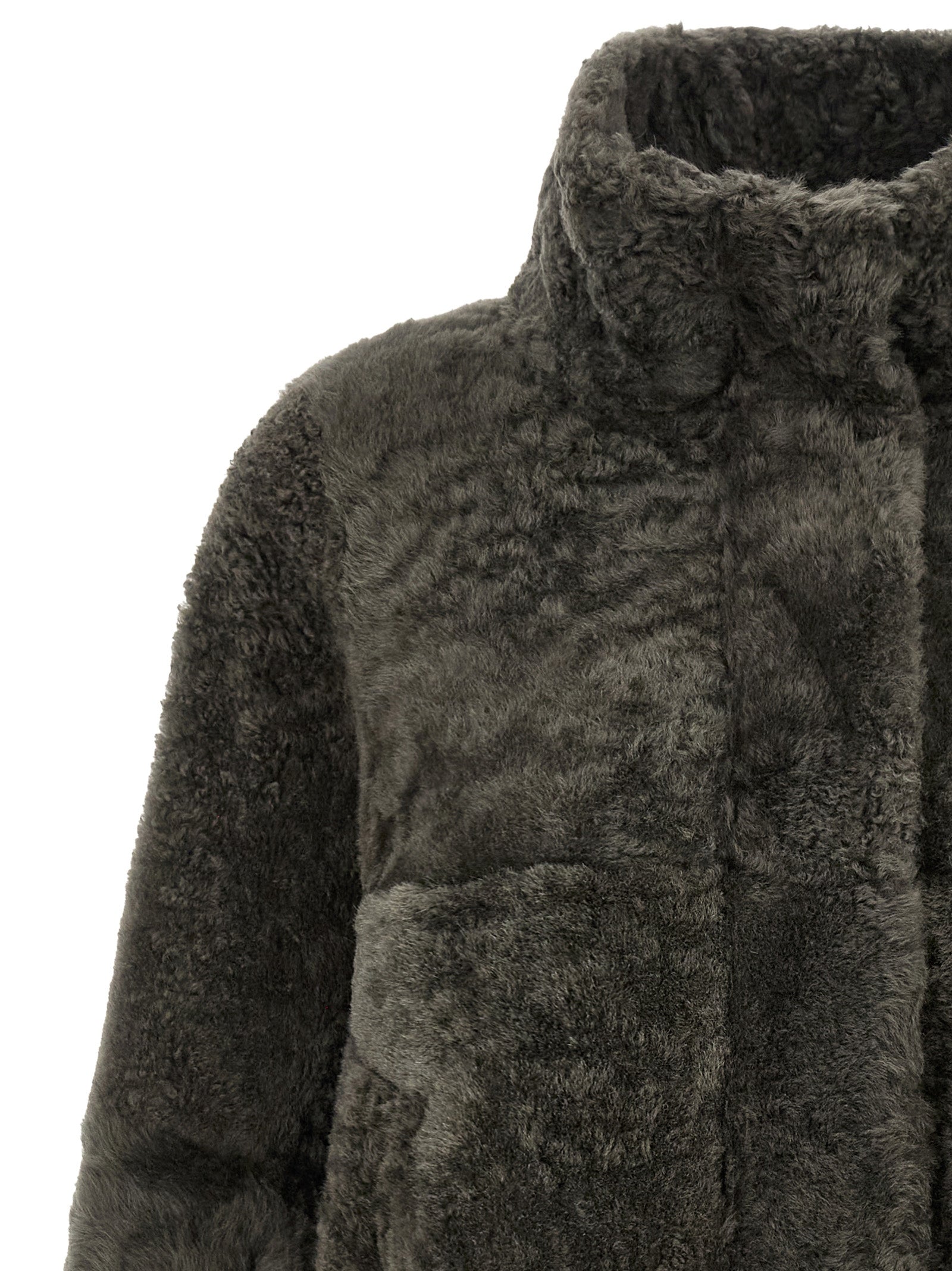 Overcoat by Brunello Cucinelli for women in lambskin leather & lamb shearling fur dark-gray & gray features an voluminous silhouette, showcasing distinct and a voluminous high-neck neckline for a truly voluminous aesthetic.