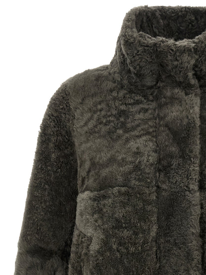 Overcoat by Brunello Cucinelli for women in lambskin leather & lamb shearling fur dark-gray & gray features an voluminous silhouette, showcasing distinct and a voluminous high-neck neckline for a truly voluminous aesthetic.