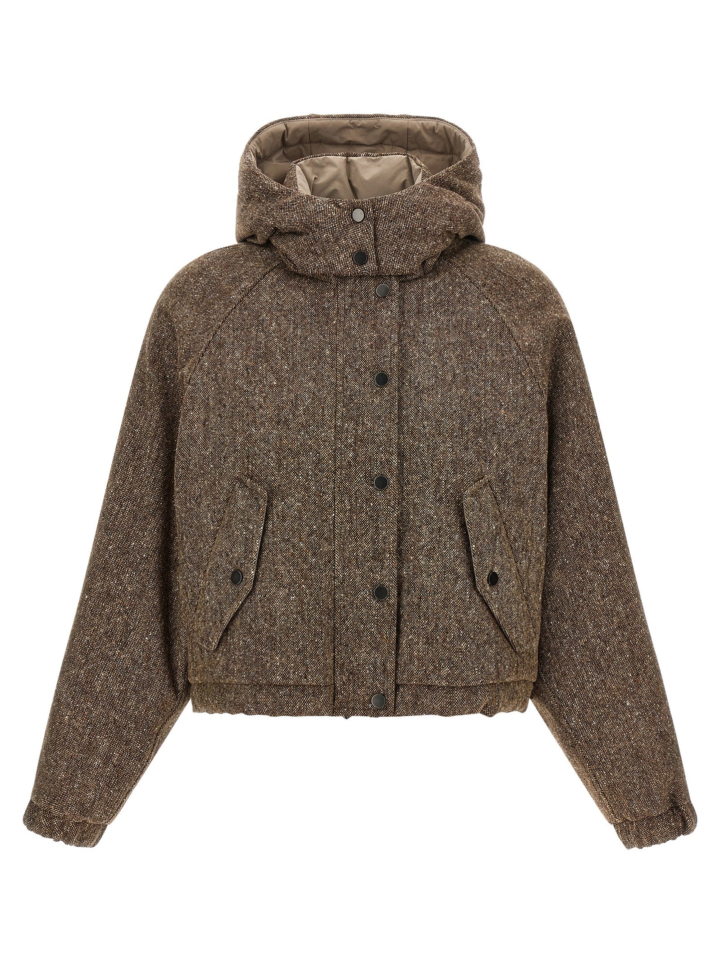 Hooded Puffer Jacket by Brunello Cucinelli for women in nylon virgin wool tweed & goose down brown features an contemporary silhouette, showcasing a sophisticated hooded neckline and contemporary pockets, hooded & insulated for a truly refined look.