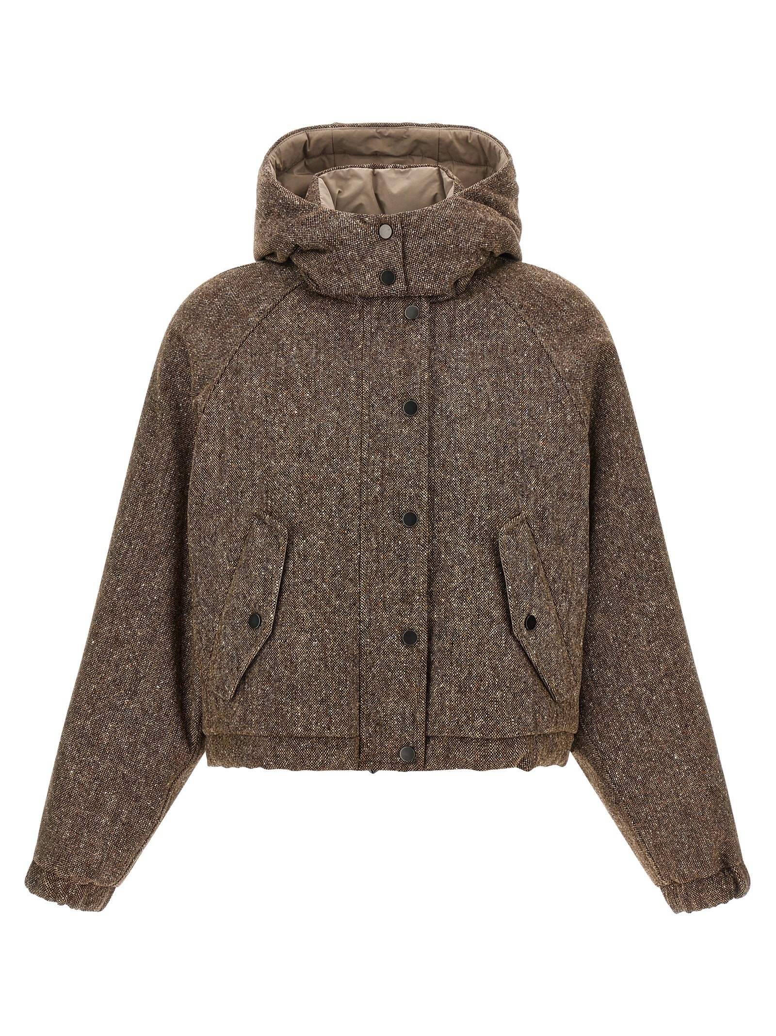 Hooded Puffer Jacket by Brunello Cucinelli for women in nylon virgin wool tweed & goose down brown features an contemporary silhouette, showcasing a sophisticated hooded neckline and contemporary pockets, hooded & insulated for a truly refined look.