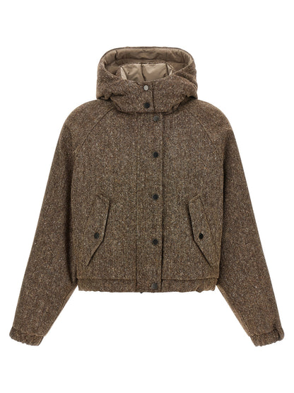 Hooded Puffer Jacket by Brunello Cucinelli for women in nylon virgin wool tweed & goose down brown features an contemporary silhouette, showcasing a sophisticated hooded neckline and contemporary pockets, hooded & insulated for a truly refined look.