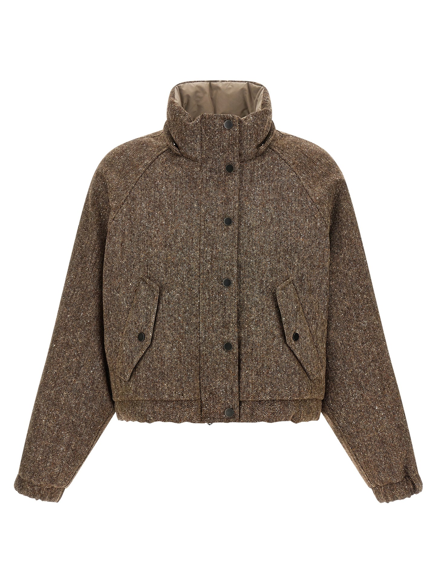 Hooded Puffer Jacket by Brunello Cucinelli for women in nylon virgin wool tweed & goose down brown features a dramatic silhouette, showcasing a sophisticated hooded neckline and distinctive pockets, hooded & insulated for a dramatic aesthetic.