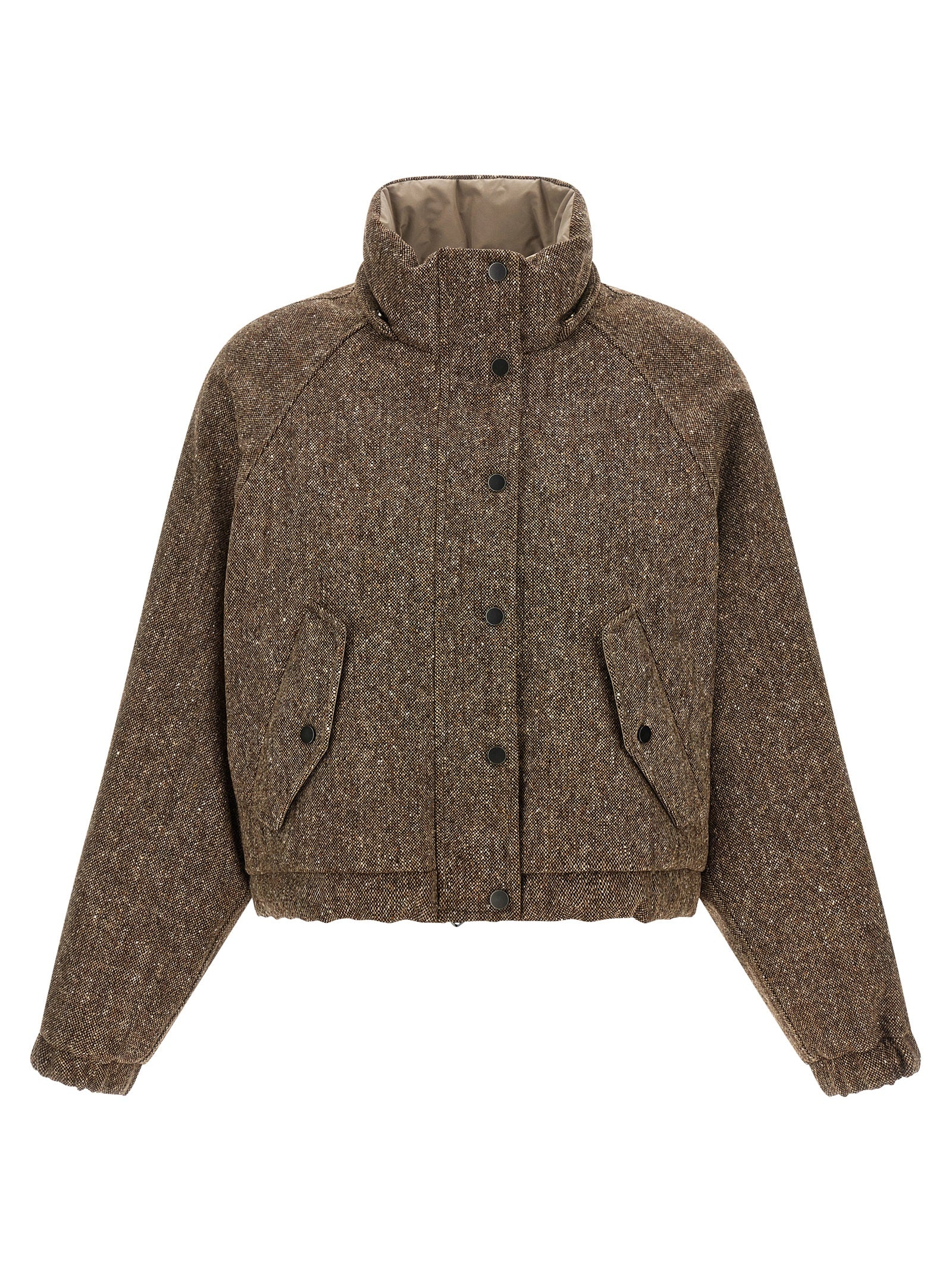 Hooded Puffer Jacket by Brunello Cucinelli for women in nylon virgin wool tweed & goose down brown features a dramatic silhouette, showcasing a sophisticated hooded neckline and distinctive pockets, hooded & insulated for a dramatic aesthetic.
