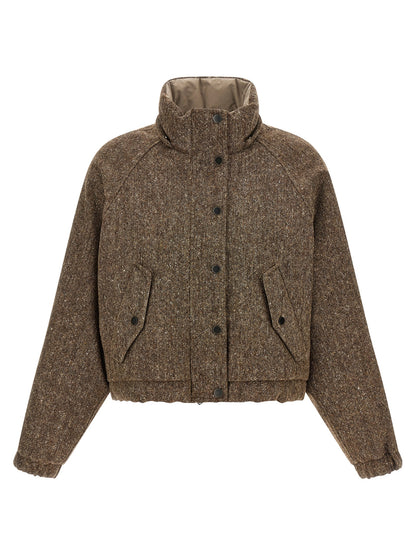 Hooded Puffer Jacket by Brunello Cucinelli for women in nylon virgin wool tweed & goose down brown features a dramatic silhouette, showcasing a sophisticated hooded neckline and distinctive pockets, hooded & insulated for a dramatic aesthetic.