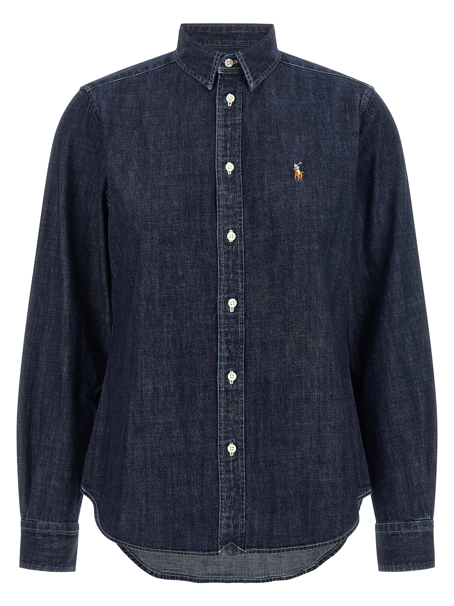 Blouse by Polo Ralph Lauren for women in denim cotton dark-blue & signature features an architectural silhouette with a refined long-sleeve and elegant for a architectural look.