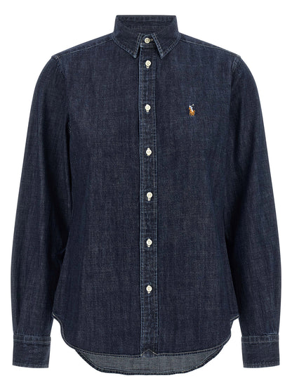 Blouse by Polo Ralph Lauren for women in denim cotton dark-blue & signature features an architectural silhouette with a refined long-sleeve and elegant for a architectural look.