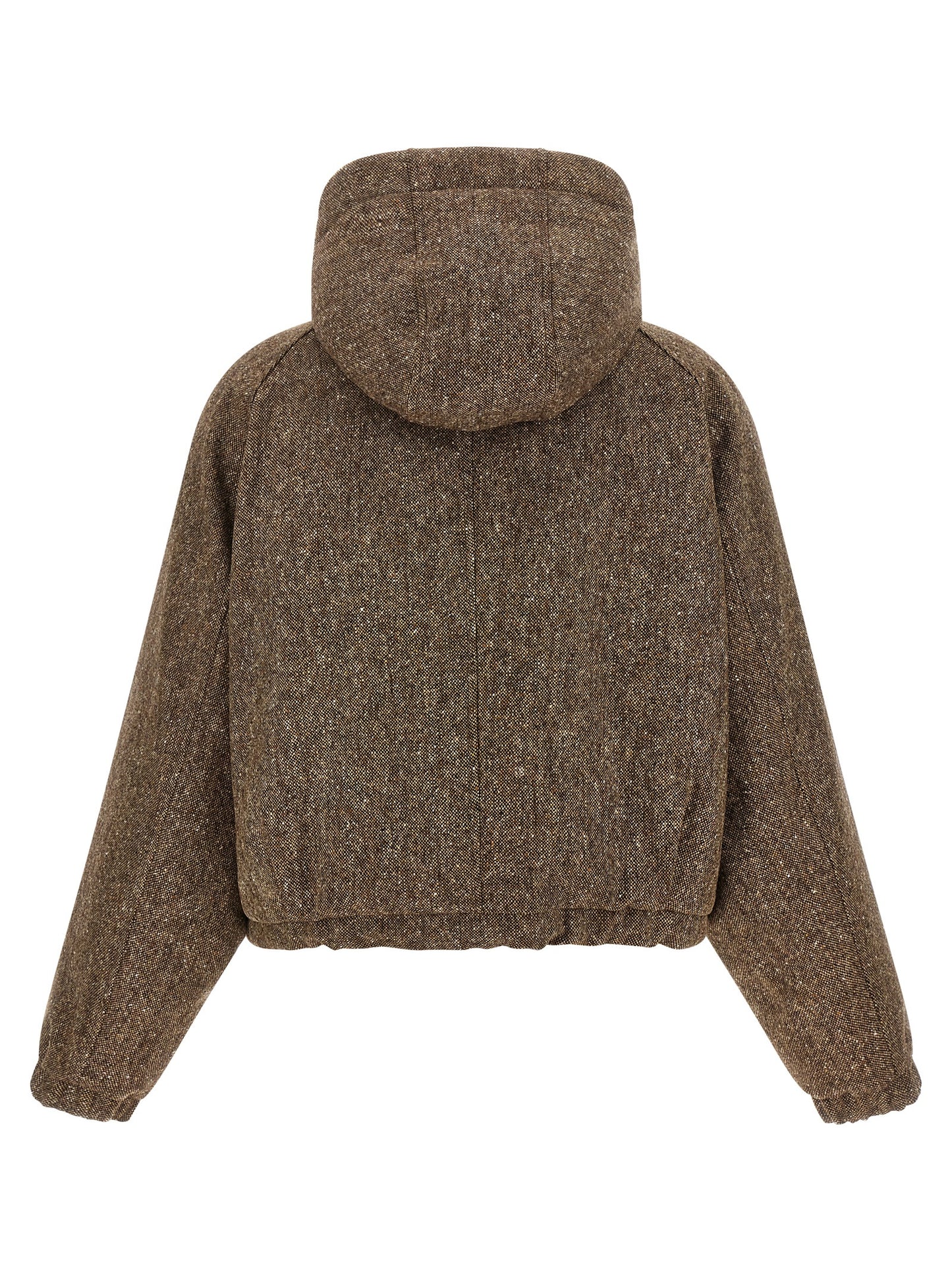 This Hooded Puffer Jacket by Brunello Cucinelli for women in nylon virgin wool tweed & goose down brown exhibits a edgy silhouette, meticulously detailed with functional pockets, hooded & insulated and a edgy hooded neckline for a edgy finish.