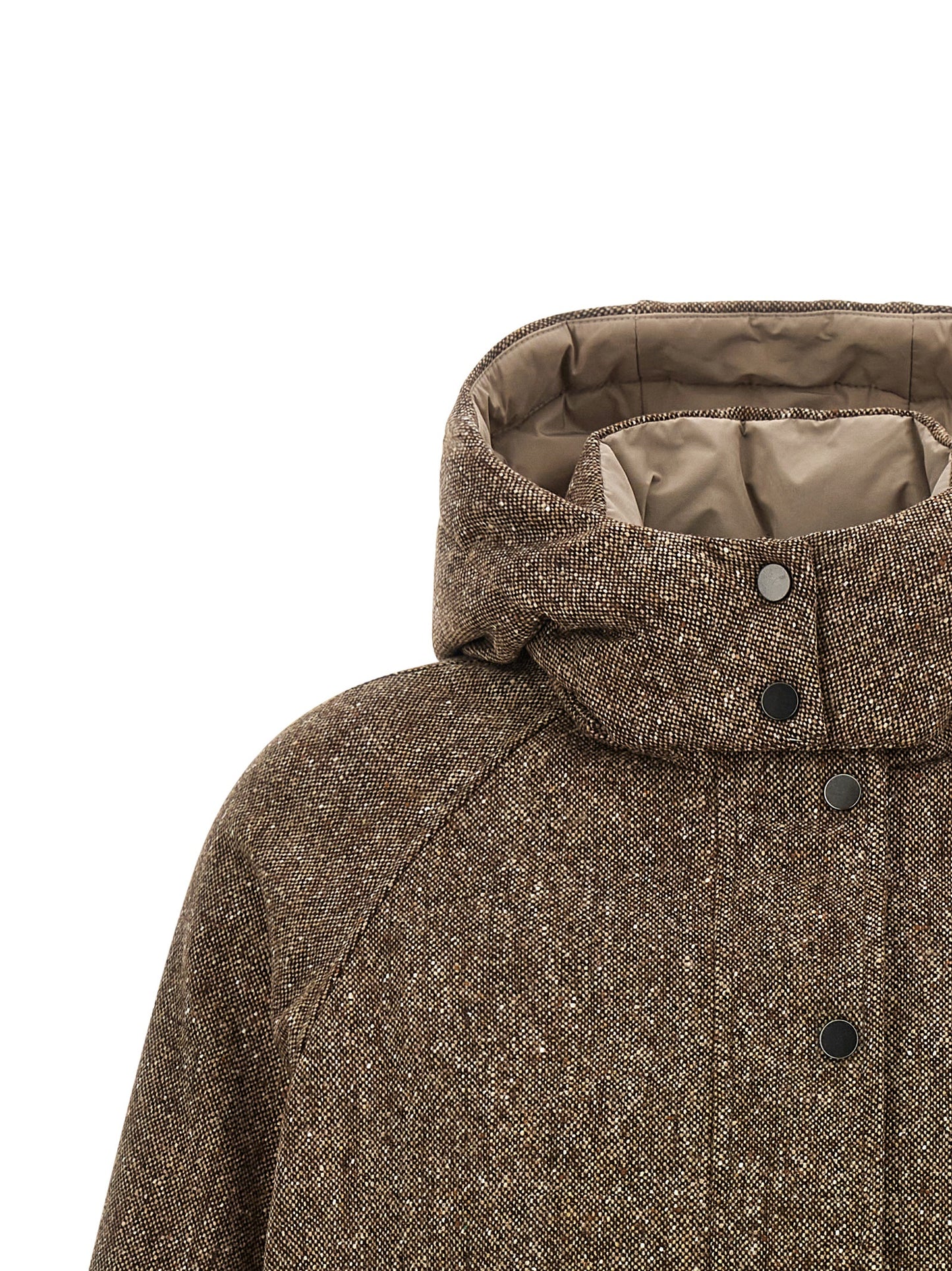 Hooded Puffer Jacket by Brunello Cucinelli for women in nylon virgin wool tweed & goose down brown features a city-ready silhouette, detailed with pockets, hooded & insulated and a city-ready hooded neckline.