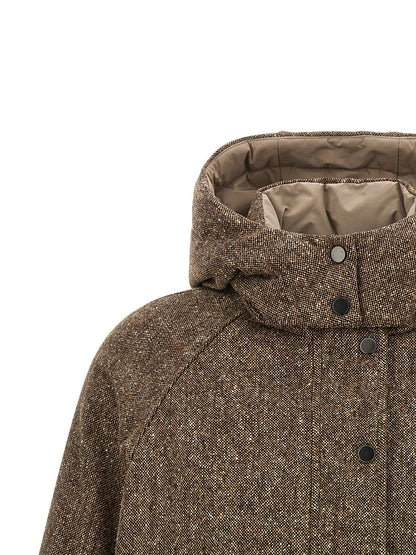 Hooded Puffer Jacket by Brunello Cucinelli for women in nylon virgin wool tweed & goose down brown features a city-ready silhouette, detailed with pockets, hooded & insulated and a city-ready hooded neckline.