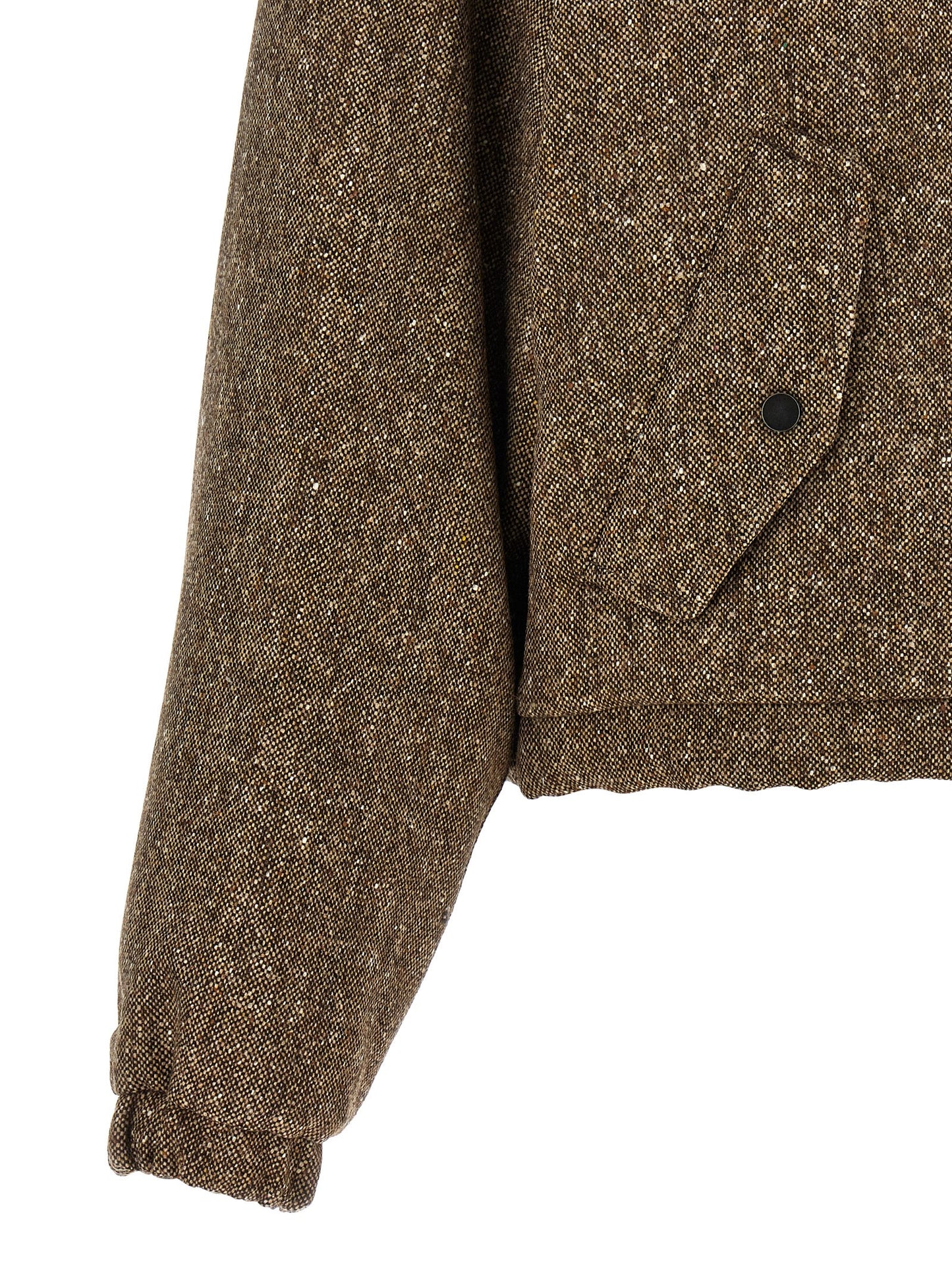 Hooded Puffer Jacket by Brunello Cucinelli for women in nylon virgin wool tweed & goose down brown showcases a bohemian silhouette, artfully detailed with a bohemian and signature pockets, hooded & insulated for a truly bohemian finish.