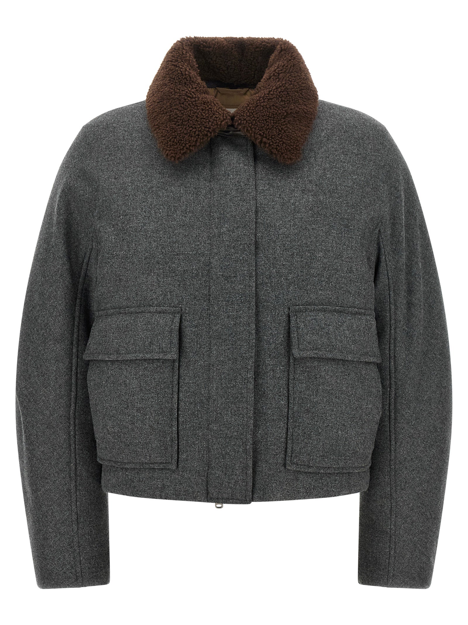 Overcoat by Brunello Cucinelli for women in virgin cashmere wool & leather brown & dark-gray features a cosy chic silhouette, artfully detailed with a sophisticated shirt-collar neckline and premium thermal & pockets for a cosy chic finish.