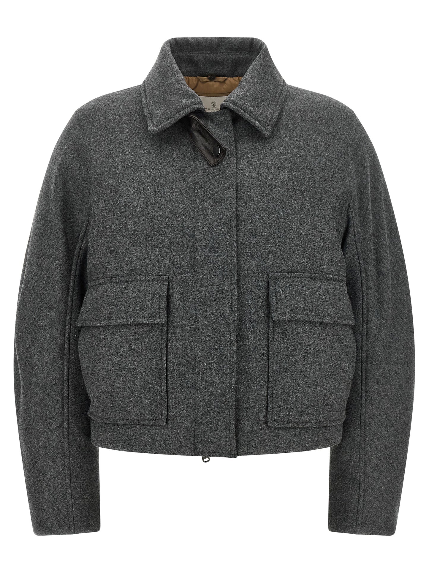Overcoat by Brunello Cucinelli for women in virgin cashmere wool & leather brown & dark-gray features an satoral silhouette, showcasing a sophisticated shirt-collar neckline and satoral thermal & pockets for a premium, timeless look.